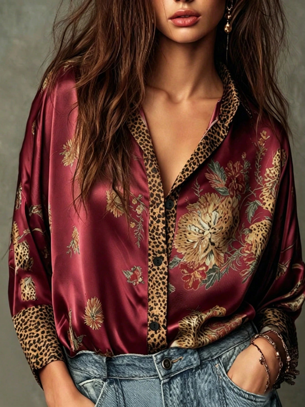 Women's Elegant Leopard Print & Green Floral Patchwork Satin Blouse, Flowing Drape With Sheen, Soft & Comfortable Vacation