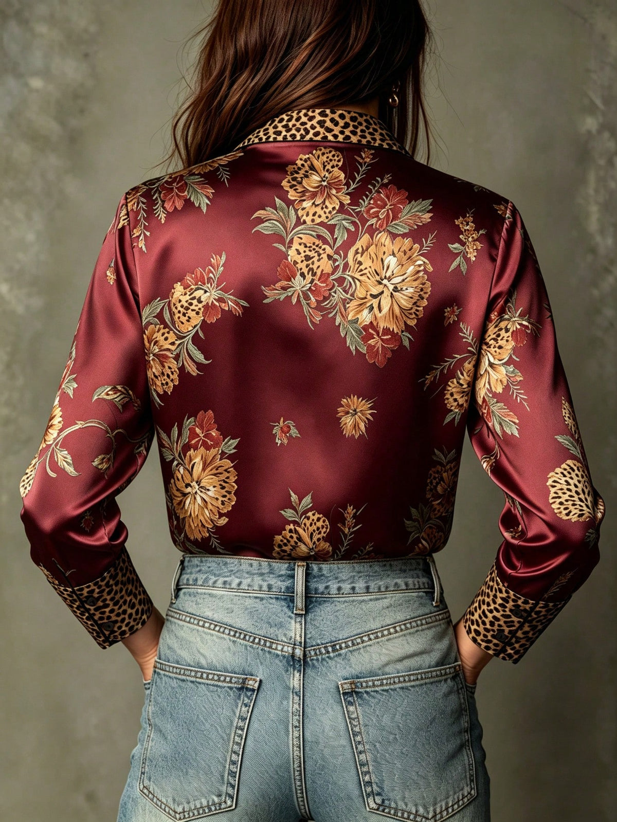 Women's Elegant Leopard Print & Green Floral Patchwork Satin Blouse, Flowing Drape With Sheen, Soft & Comfortable Vacation