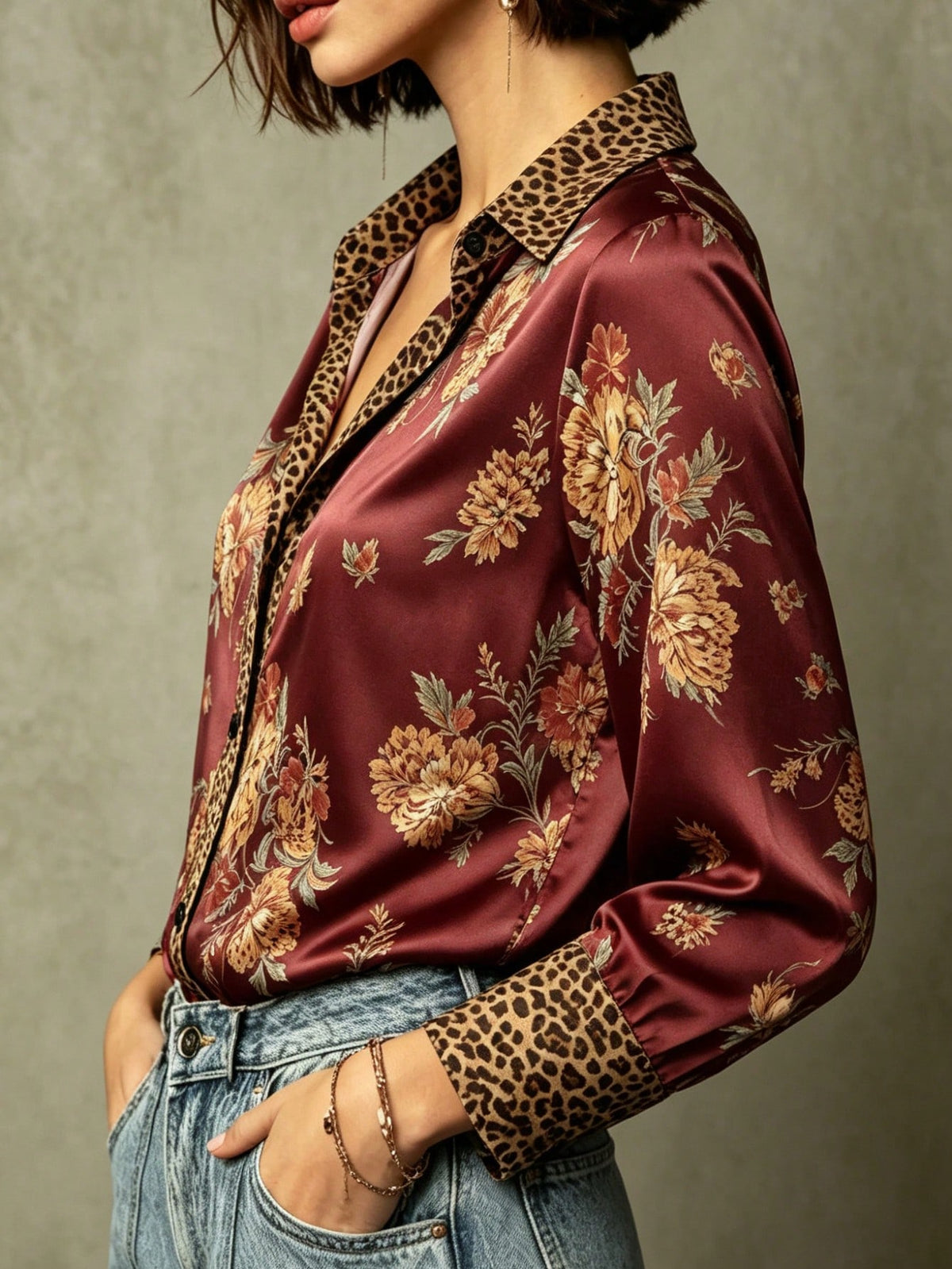 Women's Elegant Leopard Print & Green Floral Patchwork Satin Blouse, Flowing Drape With Sheen, Soft & Comfortable Vacation