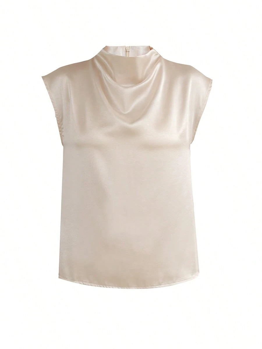 Women's Elegant Solid Satin Blouse, Suitable For Dates And Office Occasions Summer