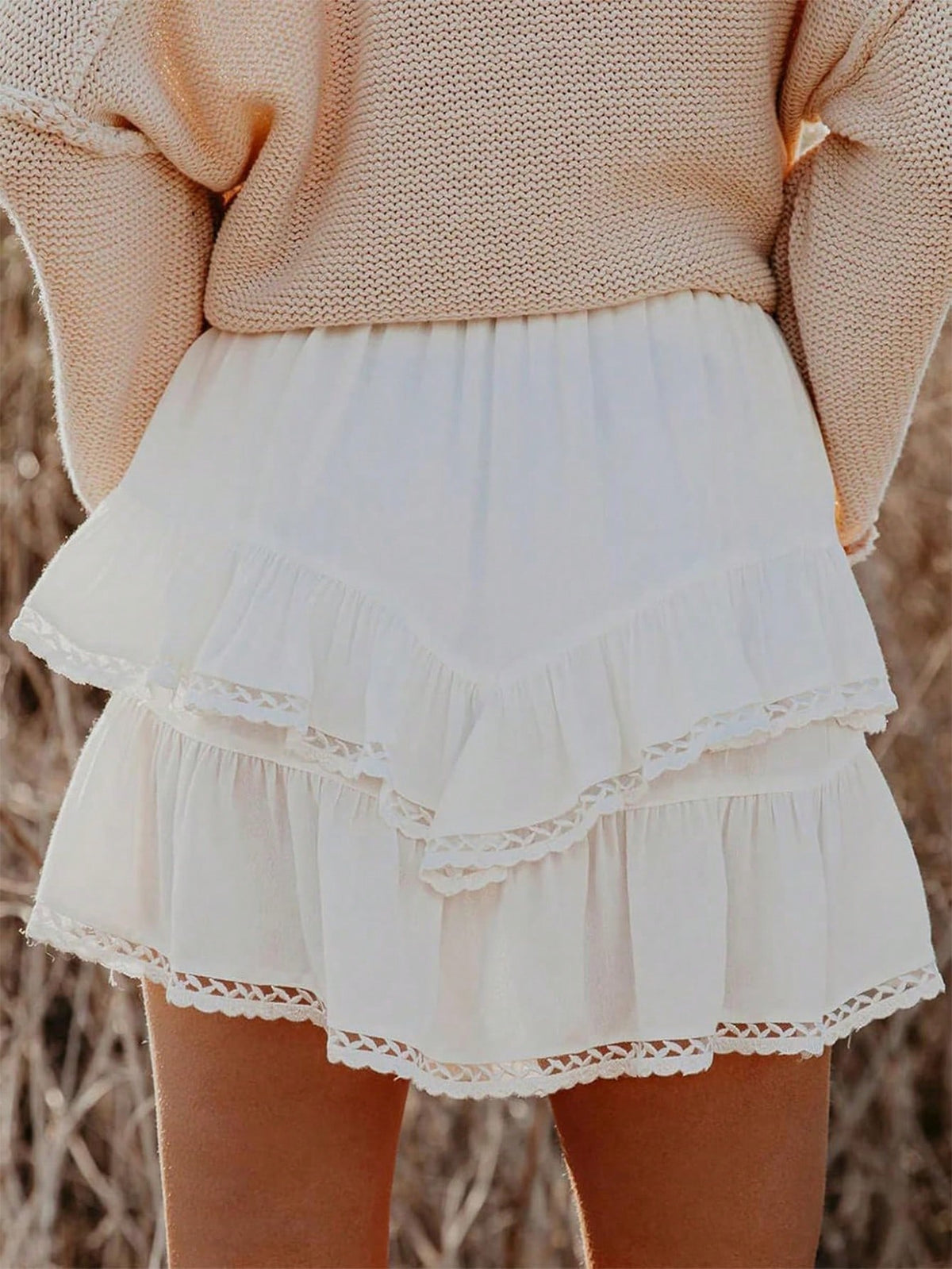 Women's Elegant White Skort Pants With Elastic Waist, Ruffle Hem And Lace Trim, Suitable For Casual, Vacation, Sports, Golf Skort Summer, Coquette Aesthetic