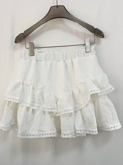 Women's Elegant White Skort Pants With Elastic Waist, Ruffle Hem And Lace Trim, Suitable For Casual, Vacation, Sports, Golf Skort Summer, Coquette Aesthetic