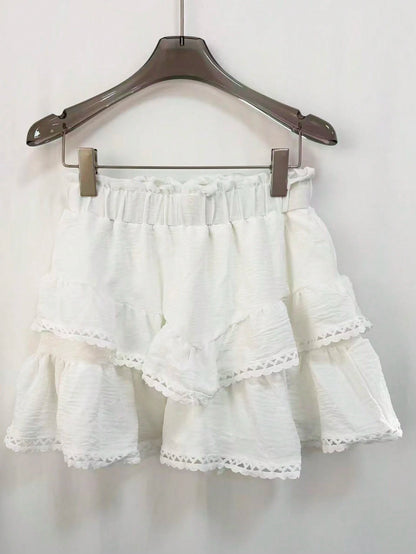 Women's Elegant White Skort Pants With Elastic Waist, Ruffle Hem And Lace Trim, Suitable For Casual, Vacation, Sports, Golf Skort Summer, Coquette Aesthetic