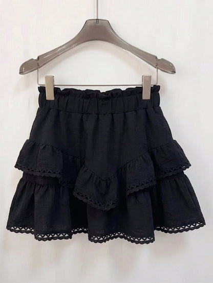 Women's Elegant White Skort Pants With Elastic Waist, Ruffle Hem And Lace Trim, Suitable For Casual, Vacation, Sports, Golf Skort Summer, Coquette Aesthetic