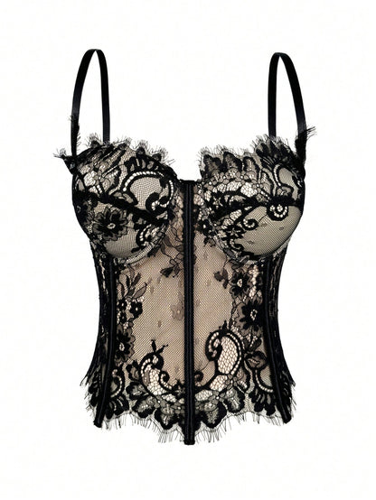 Women's Floral Lace Corset Camisole Top, Elegant & Sexy Vacation Casual Black Summer, Romantic