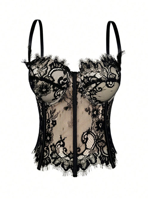Women's Floral Lace Corset Camisole Top, Elegant & Sexy Vacation Casual Black Summer, Romantic