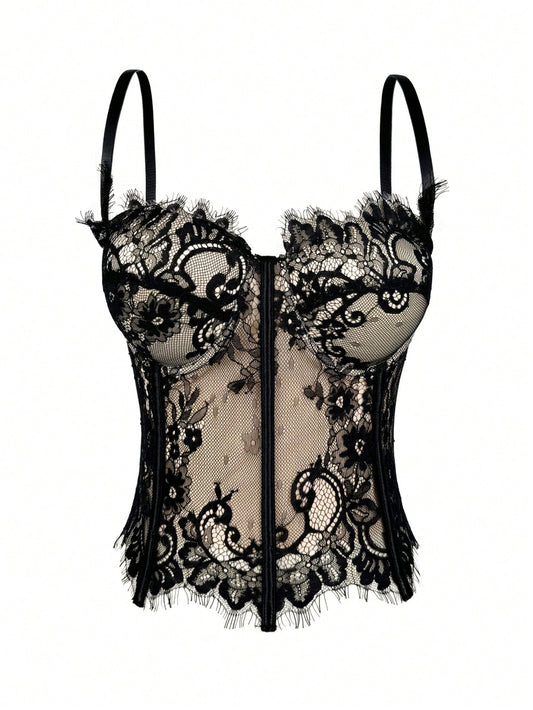 Women's Floral Lace Corset Camisole Top, Elegant & Sexy Vacation Casual Black Summer, Romantic