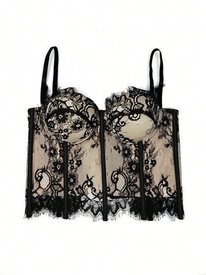 Women's Floral Lace Corset Camisole Top, Elegant & Sexy Vacation Casual Black Summer, Romantic