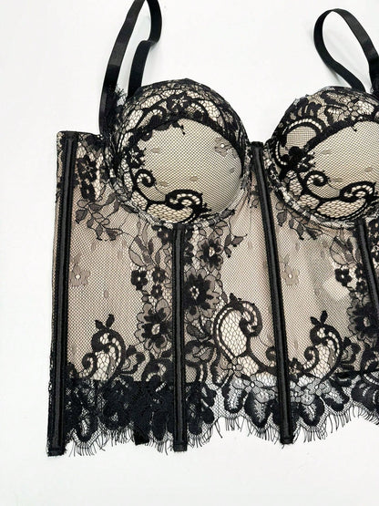 Women's Floral Lace Corset Camisole Top, Elegant & Sexy Vacation Casual Black Summer, Romantic