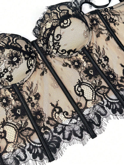 Women's Floral Lace Corset Camisole Top, Elegant & Sexy Vacation Casual Black Summer, Romantic