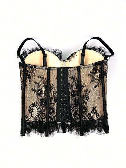 Women's Floral Lace Corset Camisole Top, Elegant & Sexy Vacation Casual Black Summer, Romantic
