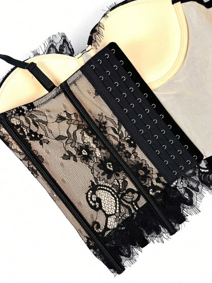 Women's Floral Lace Corset Camisole Top, Elegant & Sexy Vacation Casual Black Summer, Romantic