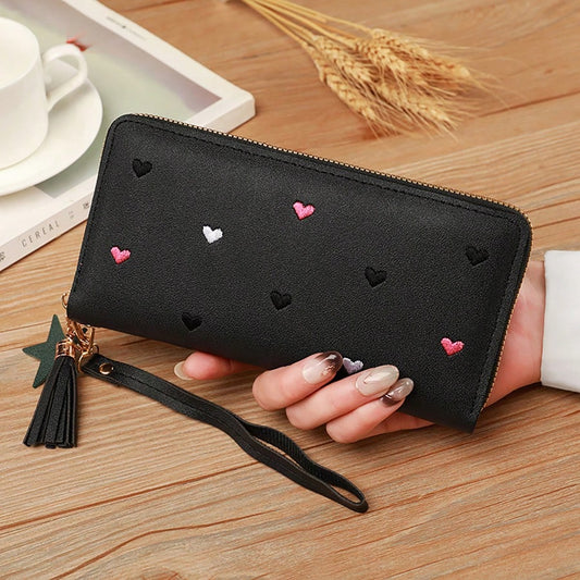 Women's Fringe Long Wallet Cute Coin Purse Zipper Credit Card Holder Fashionable And Simple Heart Embroidery Wallet Gift Gift Present Heart Purse(Heart Pattern Random) Wallet Purse Wallet Wallet Keych