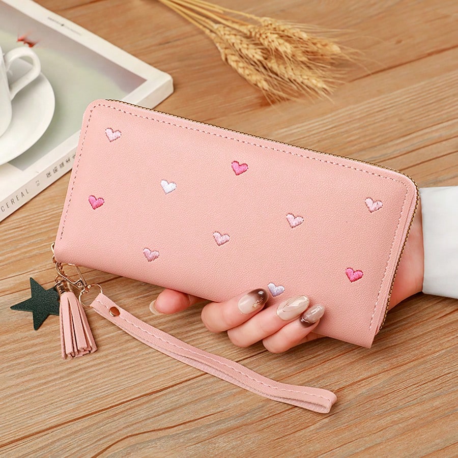 Women's Fringe Long Wallet Cute Coin Purse Zipper Credit Card Holder Fashionable And Simple Heart Embroidery Wallet Gift Gift Present Heart Purse(Heart Pattern Random) Wallet Purse Wallet Wallet Keych