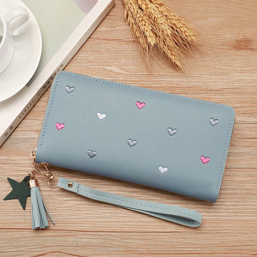 Women's Fringe Long Wallet Cute Coin Purse Zipper Credit Card Holder Fashionable And Simple Heart Embroidery Wallet Gift Gift Present Heart Purse(Heart Pattern Random) Wallet Purse Wallet Wallet Keych