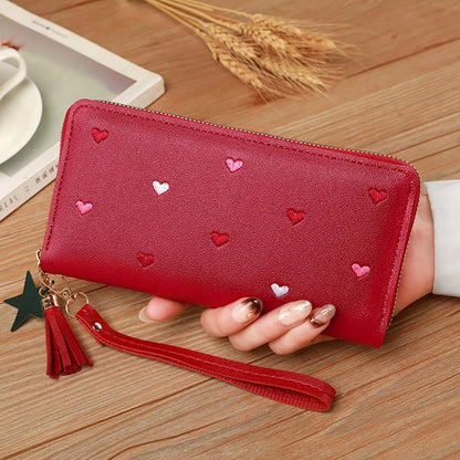 Women's Fringe Long Wallet Cute Coin Purse Zipper Credit Card Holder Fashionable And Simple Heart Embroidery Wallet Gift Gift Present Heart Purse(Heart Pattern Random) Wallet Purse Wallet Wallet Keych