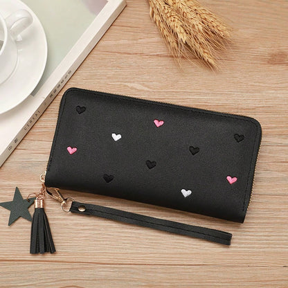 Women's Fringe Long Wallet Cute Coin Purse Zipper Credit Card Holder Fashionable And Simple Heart Embroidery Wallet Gift Gift Present Heart Purse(Heart Pattern Random) Wallet Purse Wallet Wallet Keych