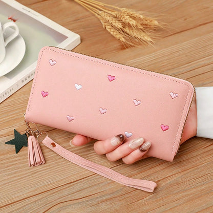 Women's Fringe Long Wallet Cute Coin Purse Zipper Credit Card Holder Fashionable And Simple Heart Embroidery Wallet Gift Gift Present Heart Purse(Heart Pattern Random) Wallet Purse Wallet Wallet Keych