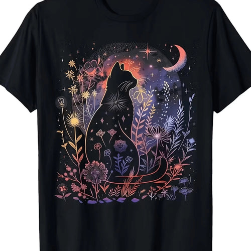 Women's Gothic Black Cat Moon T-Shirt, Short-Sleeved, Round Neck, Casual Style, Perfect For Halloween Costumes, Available In All Sizes (L-5XL).