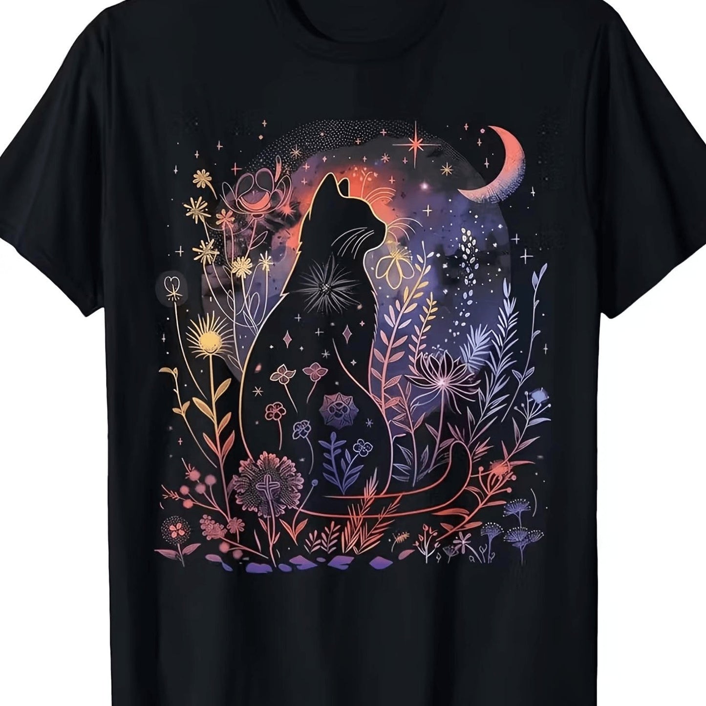 Women's Gothic Black Cat Moon T-Shirt, Short-Sleeved, Round Neck, Casual Style, Perfect For Halloween Costumes, Available In All Sizes (L-5XL).