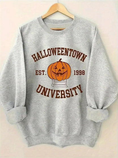 Women's Halloween Sweater- Pumpkin Pattern Pullover From Halloween Town University, Founded In 1998- Gray Crew Neck Sweatshirt, Suitable For Hallowe