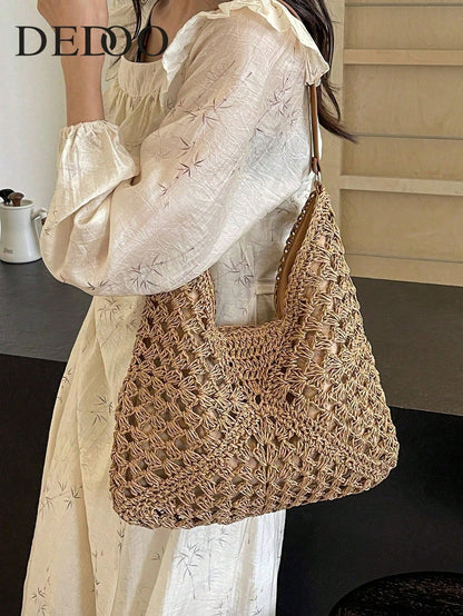 Women's Hand-Woven Grandmother Check Contrasting Large Capacity Tote Bag, Beach Purse, Perfect For Summer, Vacation & Daily Use, Travel Must Haves, Summer Straw Beach Bag For Women,Holiday