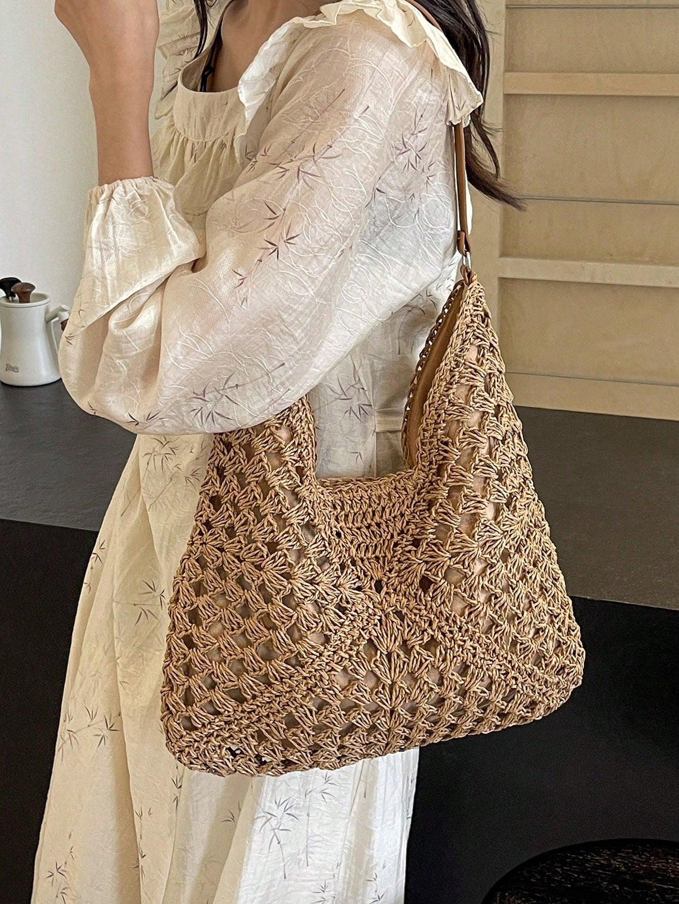 Women's Hand-Woven Grandmother Check Contrasting Large Capacity Tote Bag, Beach Purse, Perfect For Summer, Vacation & Daily Use, Travel Must Haves, Summer Straw Beach Bag For Women,Holiday