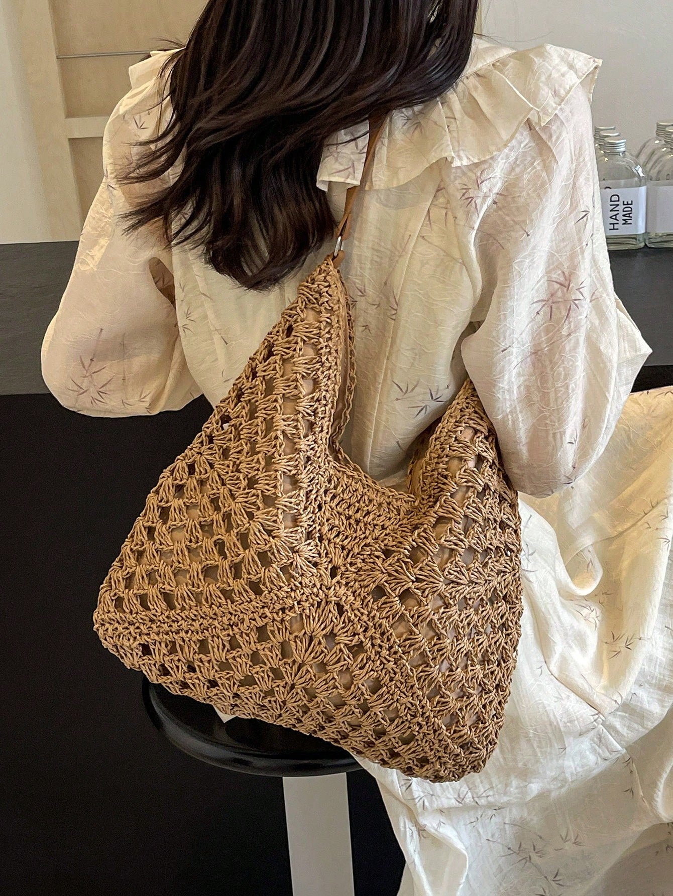 Women's Hand-Woven Grandmother Check Contrasting Large Capacity Tote Bag, Beach Purse, Perfect For Summer, Vacation & Daily Use, Travel Must Haves, Summer Straw Beach Bag For Women,Holiday