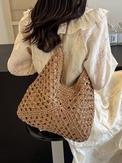 Women's Hand-Woven Grandmother Check Contrasting Large Capacity Tote Bag, Beach Purse, Perfect For Summer, Vacation & Daily Use, Travel Must Haves, Summer Straw Beach Bag For Women,Holiday