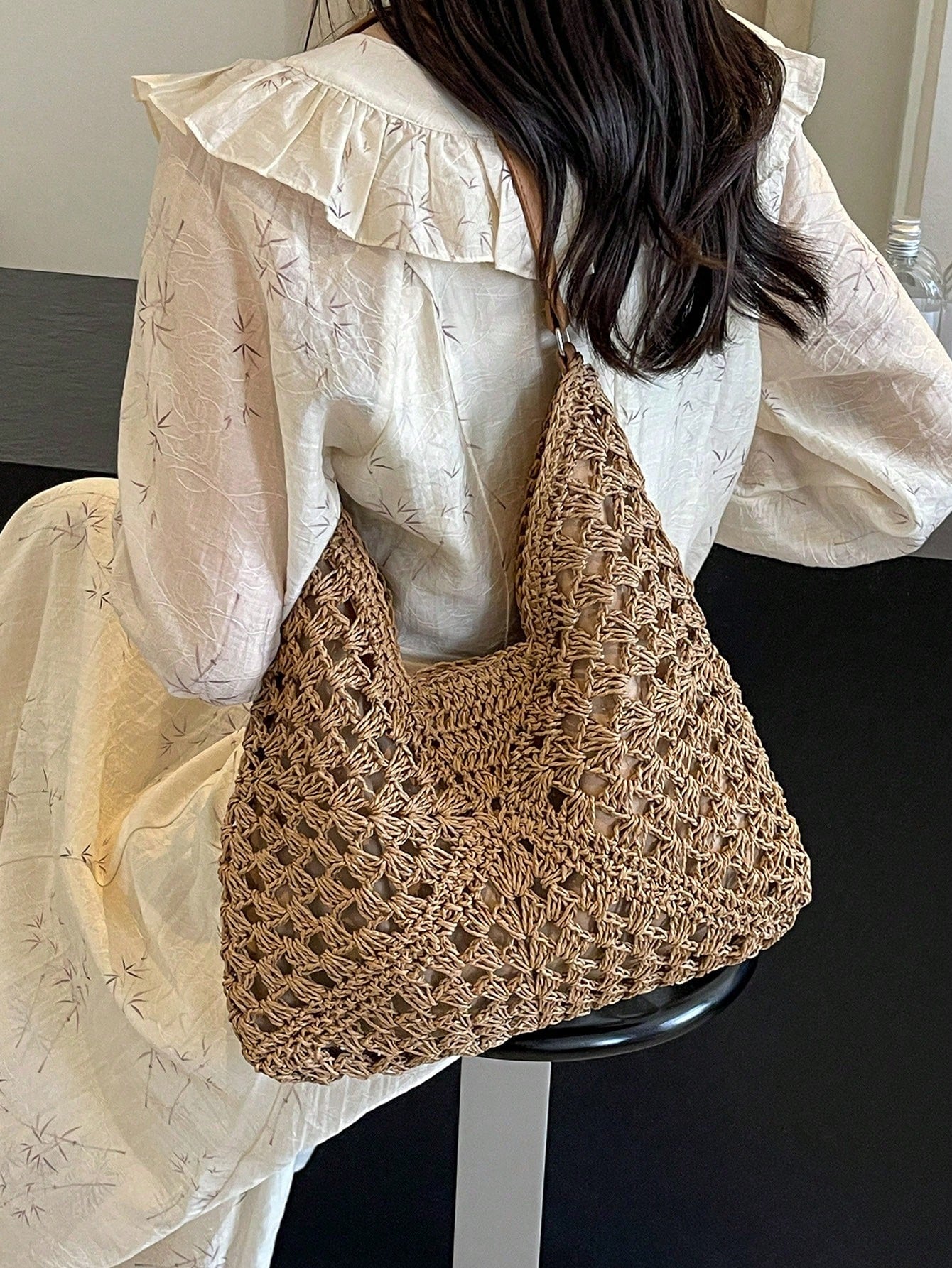 Women's Hand-Woven Grandmother Check Contrasting Large Capacity Tote Bag, Beach Purse, Perfect For Summer, Vacation & Daily Use, Travel Must Haves, Summer Straw Beach Bag For Women,Holiday