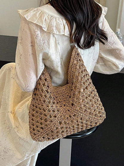 Women's Hand-Woven Grandmother Check Contrasting Large Capacity Tote Bag, Beach Purse, Perfect For Summer, Vacation & Daily Use, Travel Must Haves, Summer Straw Beach Bag For Women,Holiday