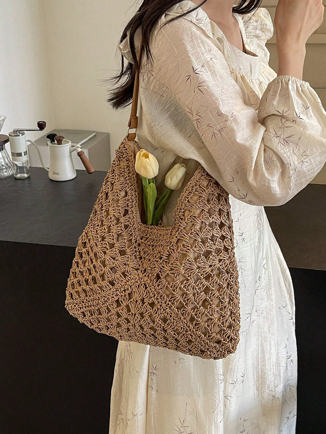 Women's Hand-Woven Grandmother Check Contrasting Large Capacity Tote Bag, Beach Purse, Perfect For Summer, Vacation & Daily Use, Travel Must Haves, Summer Straw Beach Bag For Women,Holiday