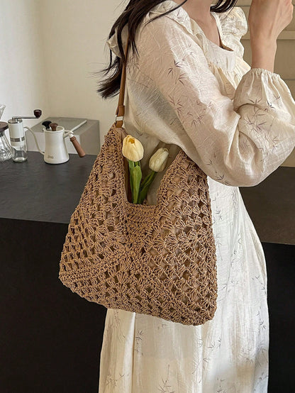 Women's Hand-Woven Grandmother Check Contrasting Large Capacity Tote Bag, Beach Purse, Perfect For Summer, Vacation & Daily Use, Travel Must Haves, Summer Straw Beach Bag For Women,Holiday