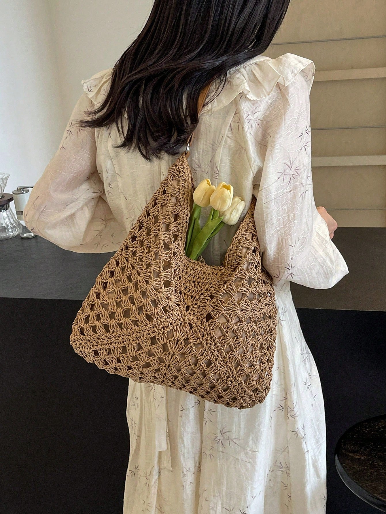 Women's Hand-Woven Grandmother Check Contrasting Large Capacity Tote Bag, Beach Purse, Perfect For Summer, Vacation & Daily Use, Travel Must Haves, Summer Straw Beach Bag For Women,Holiday