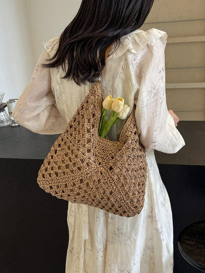 Women's Hand-Woven Grandmother Check Contrasting Large Capacity Tote Bag, Beach Purse, Perfect For Summer, Vacation & Daily Use, Travel Must Haves, Summer Straw Beach Bag For Women,Holiday