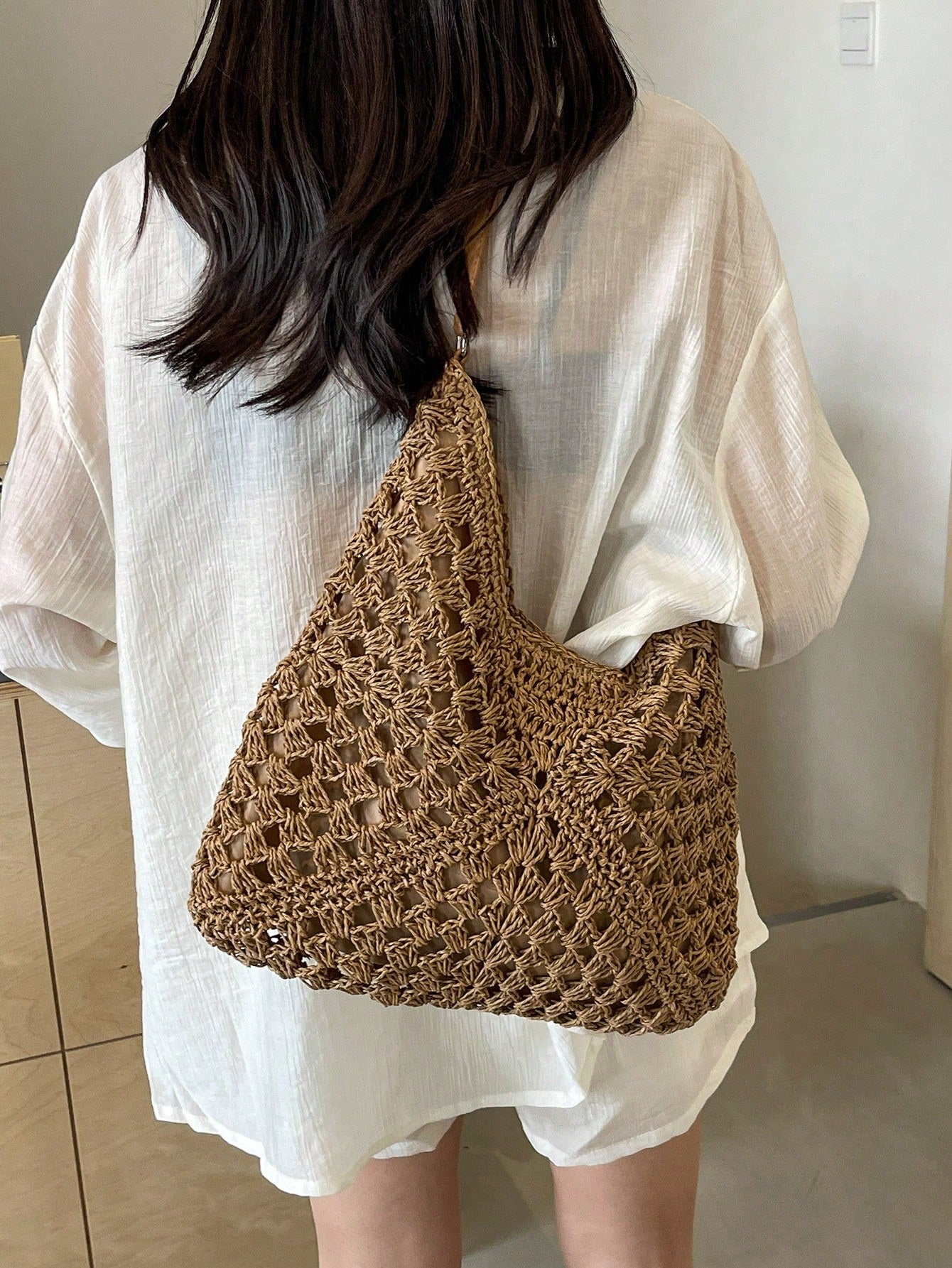 Women's Hand-Woven Grandmother Check Contrasting Large Capacity Tote Bag, Beach Purse, Perfect For Summer, Vacation & Daily Use, Travel Must Haves, Summer Straw Beach Bag For Women,Holiday