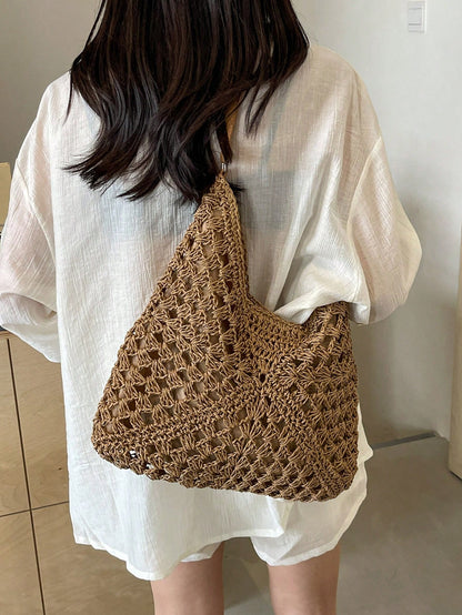 Women's Hand-Woven Grandmother Check Contrasting Large Capacity Tote Bag, Beach Purse, Perfect For Summer, Vacation & Daily Use, Travel Must Haves, Summer Straw Beach Bag For Women,Holiday