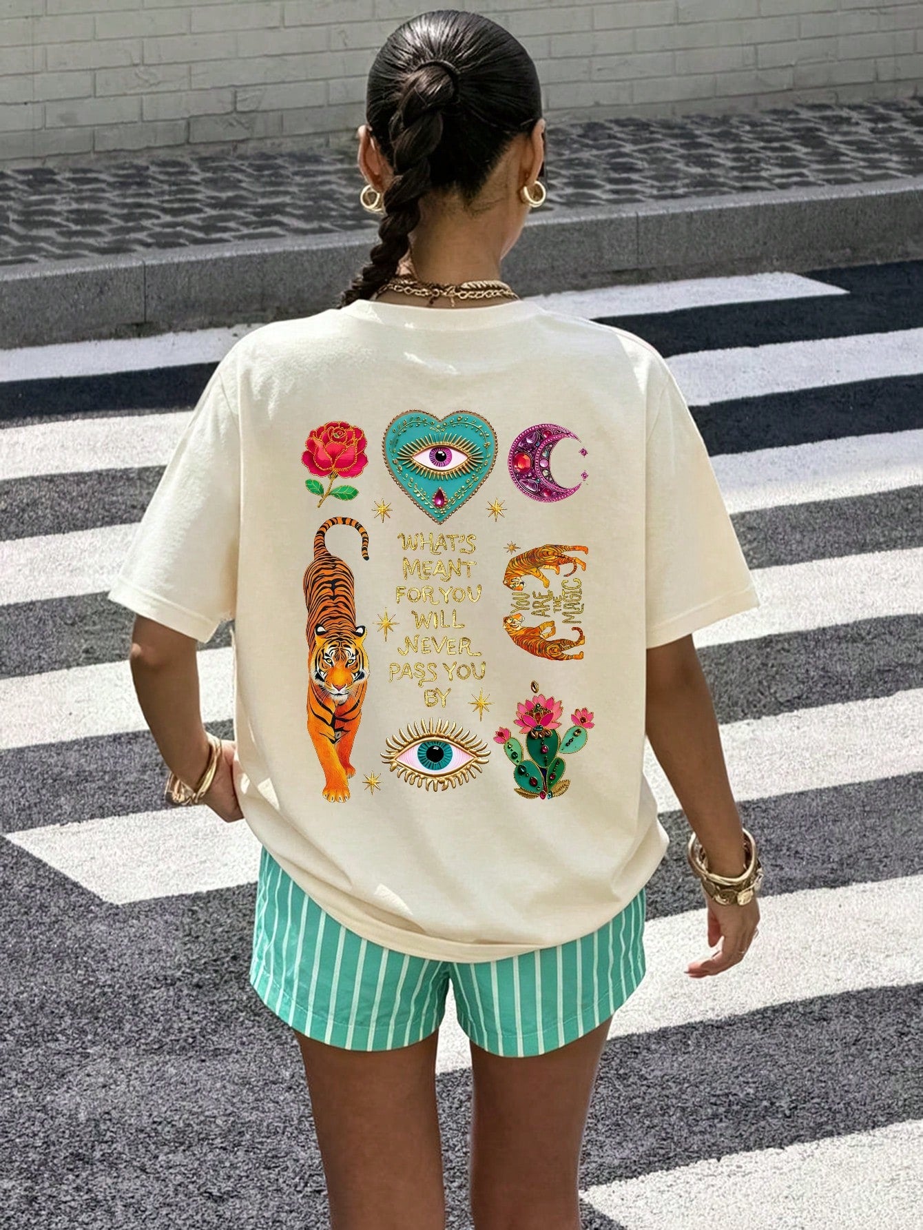 Women's High Elasticity Round Neck Short Sleeve Regular Fabric T-Shirt Tiger Eye Print Casual Summer