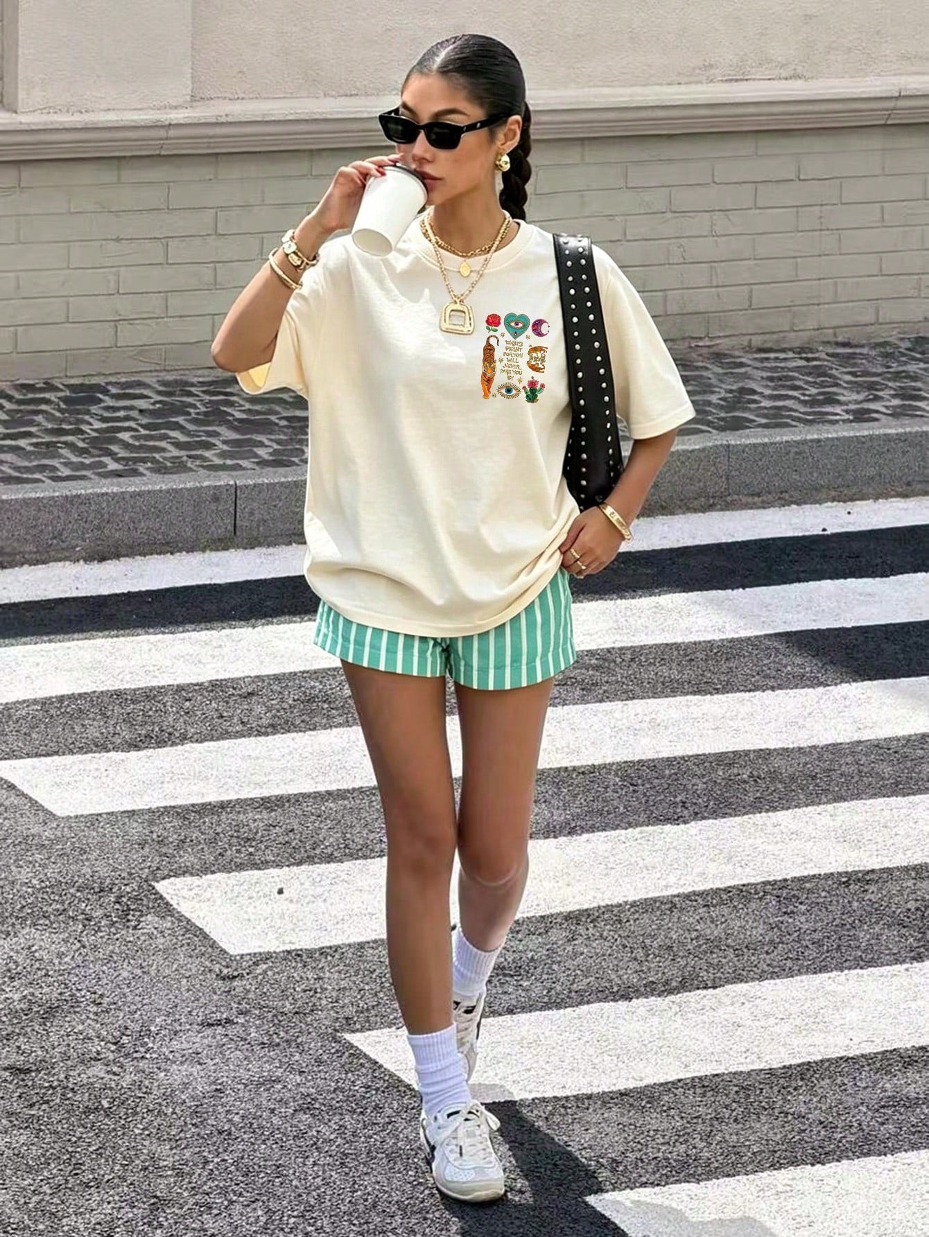 Women's High Elasticity Round Neck Short Sleeve Regular Fabric T-Shirt Tiger Eye Print Casual Summer