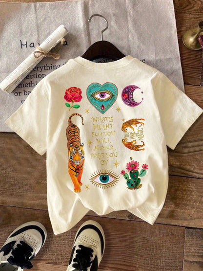 Women's High Elasticity Round Neck Short Sleeve Regular Fabric T-Shirt Tiger Eye Print Casual Summer