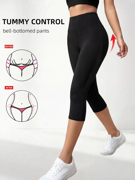 Women's High Waist Casual Elastic 3/4 Leggings, Solid Color Knitted Polyester Fabric, Suitable For Spring, Summer And All Seasons Black