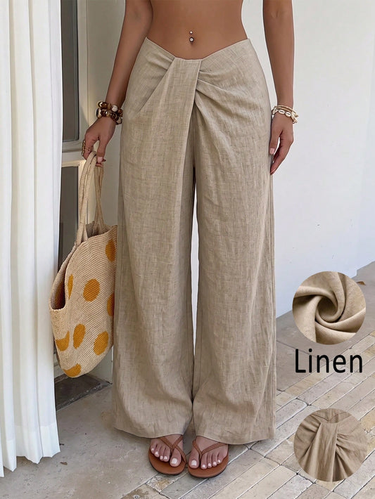 Women's High Waist Front Twist Wide Leg Pants, Low Waist Draped Pleated Loose Wide Leg Pants, Summer Vacation Casual Bottoms, Loose Slimming Commute Vacation Casual High-End Versatile Pants