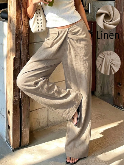 Women's High Waist Front Twist Wide Leg Pants, Low Waist Draped Pleated Loose Wide Leg Pants, Summer Vacation Casual Bottoms, Loose Slimming Commute Vacation Casual High-End Versatile Pants