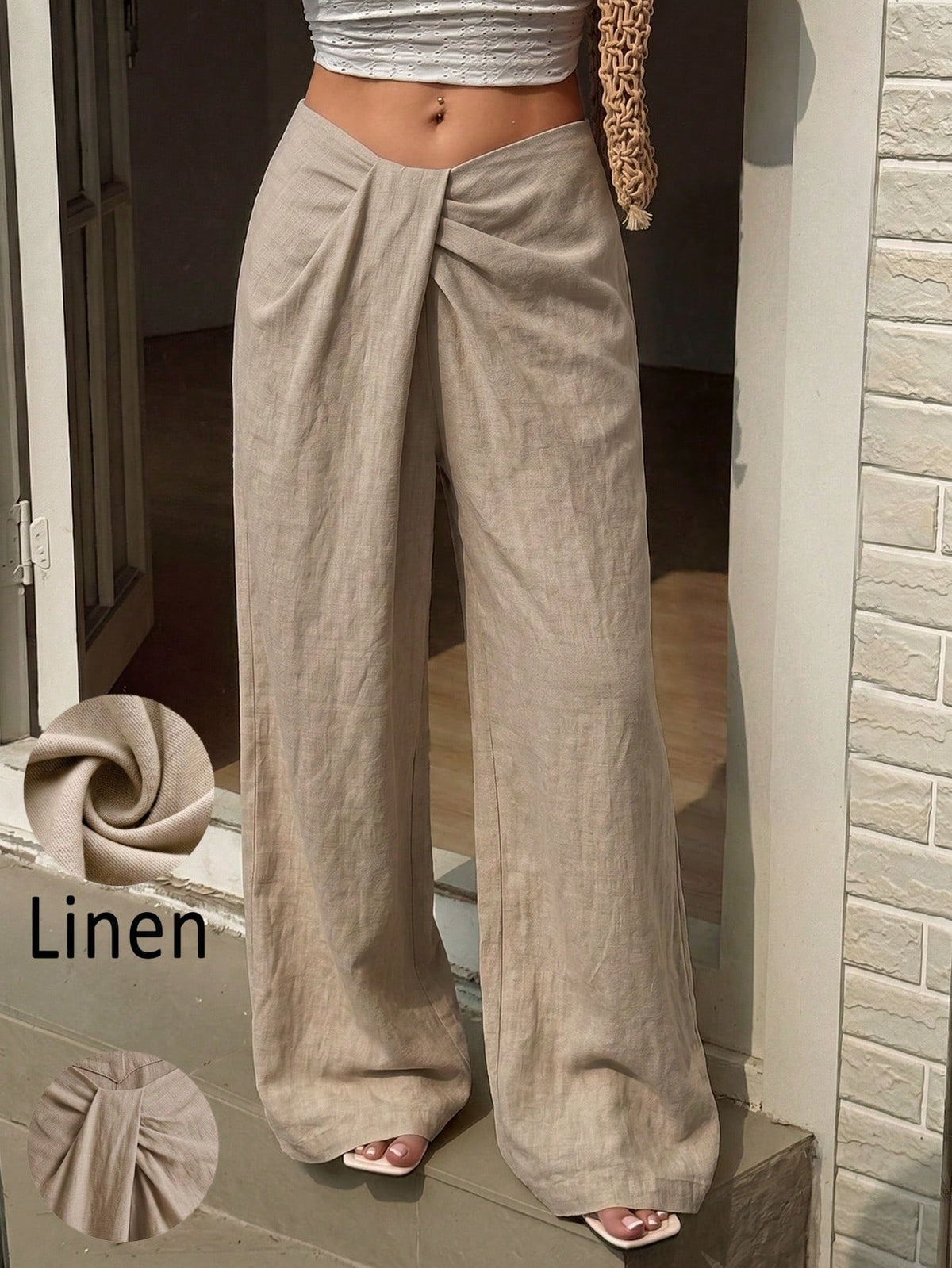 Women's High Waist Front Twist Wide Leg Pants, Low Waist Draped Pleated Loose Wide Leg Pants, Summer Vacation Casual Bottoms, Loose Slimming Commute Vacation Casual High-End Versatile Pants