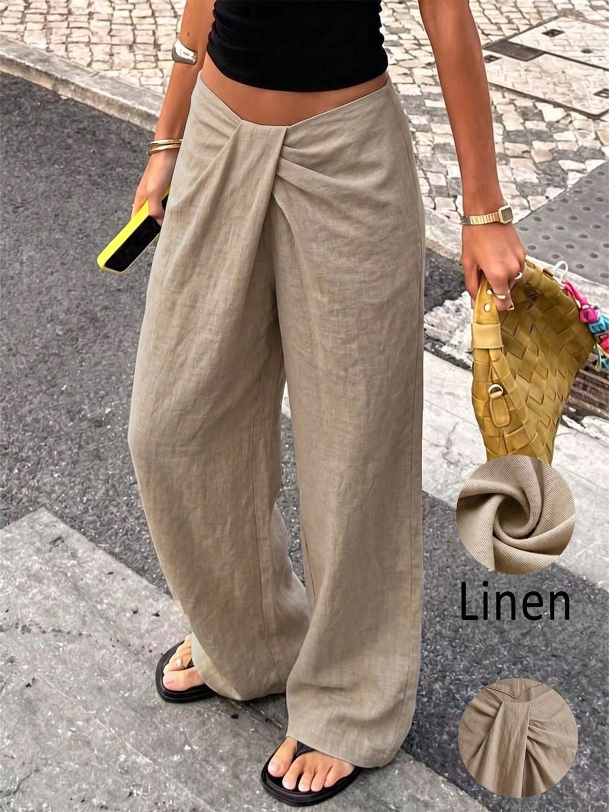 Women's High Waist Front Twist Wide Leg Pants, Low Waist Draped Pleated Loose Wide Leg Pants, Summer Vacation Casual Bottoms, Loose Slimming Commute Vacation Casual High-End Versatile Pants