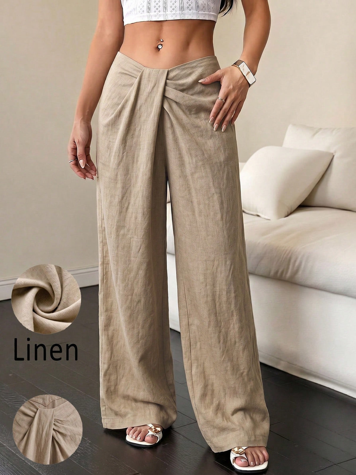 Women's High Waist Front Twist Wide Leg Pants, Low Waist Draped Pleated Loose Wide Leg Pants, Summer Vacation Casual Bottoms, Loose Slimming Commute Vacation Casual High-End Versatile Pants