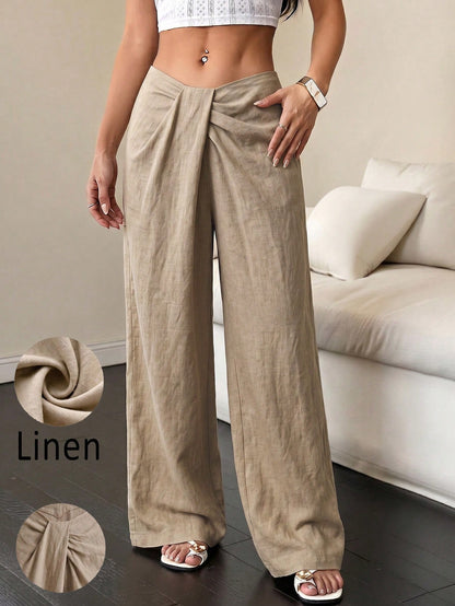 Women's High Waist Front Twist Wide Leg Pants, Low Waist Draped Pleated Loose Wide Leg Pants, Summer Vacation Casual Bottoms, Loose Slimming Commute Vacation Casual High-End Versatile Pants