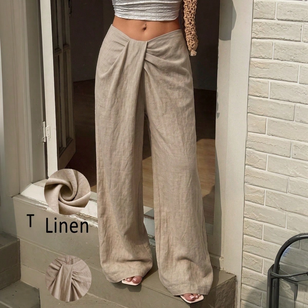 Women's High Waist Front Twist Wide Leg Pants, Low Waist Draped Pleated Loose Wide Leg Pants, Summer Vacation Casual Bottoms, Loose Slimming Commute Vacation Casual High-End Versatile Pants