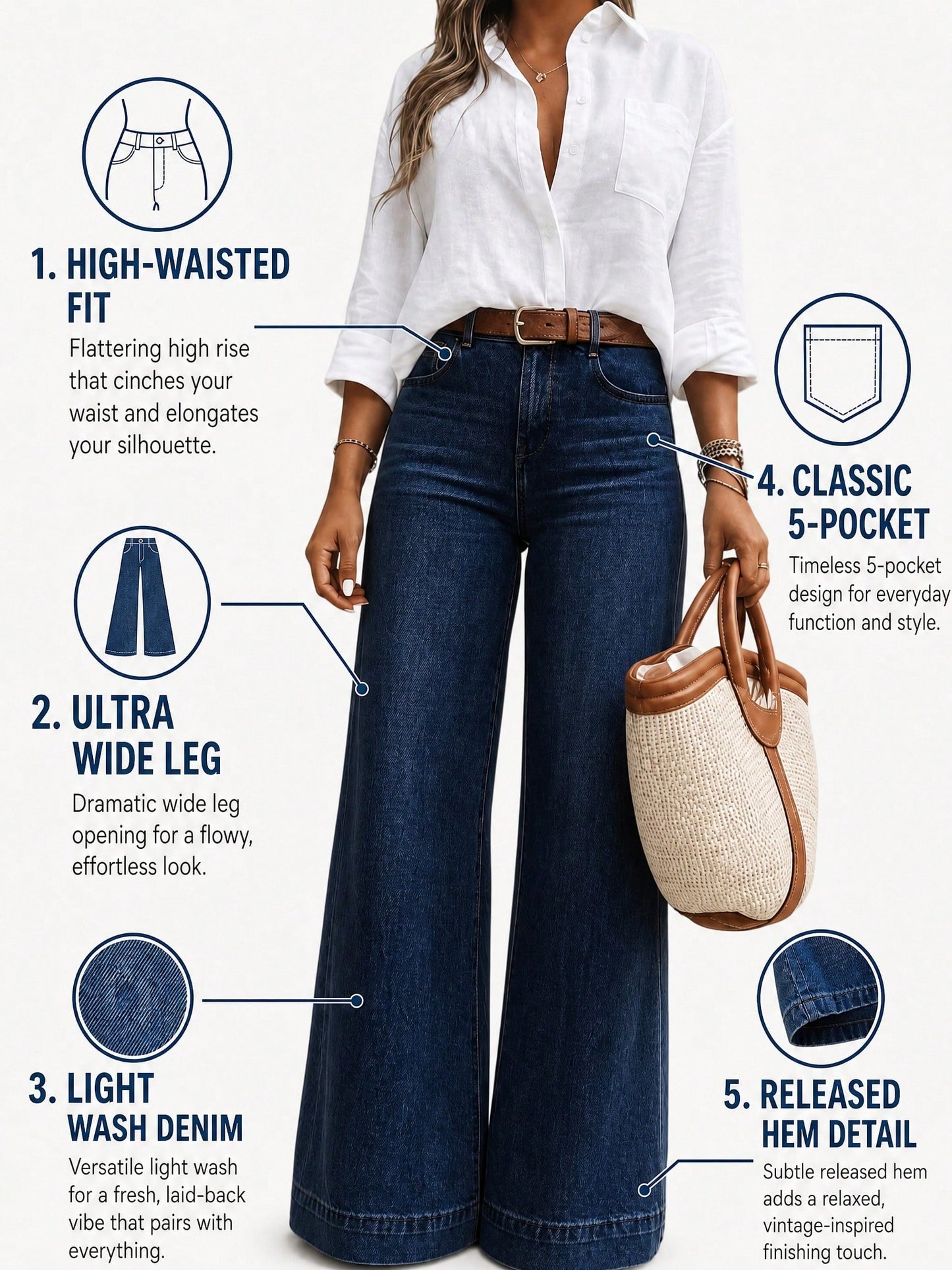 Women's High Waist Wide Leg Jeans Flare Denim Pants Casual Loose Fit For Summer Daily Wear Vacation Travel Versatile Comfortable Long Trousers