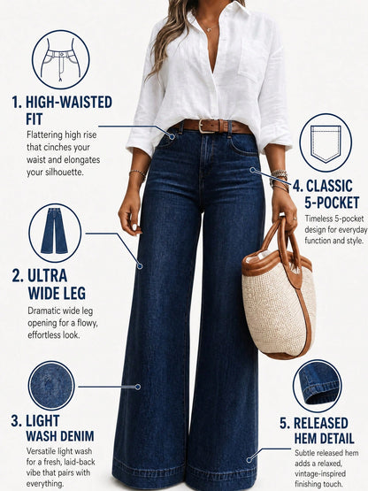 Women's High Waist Wide Leg Jeans Flare Denim Pants Casual Loose Fit For Summer Daily Wear Vacation Travel Versatile Comfortable Long Trousers